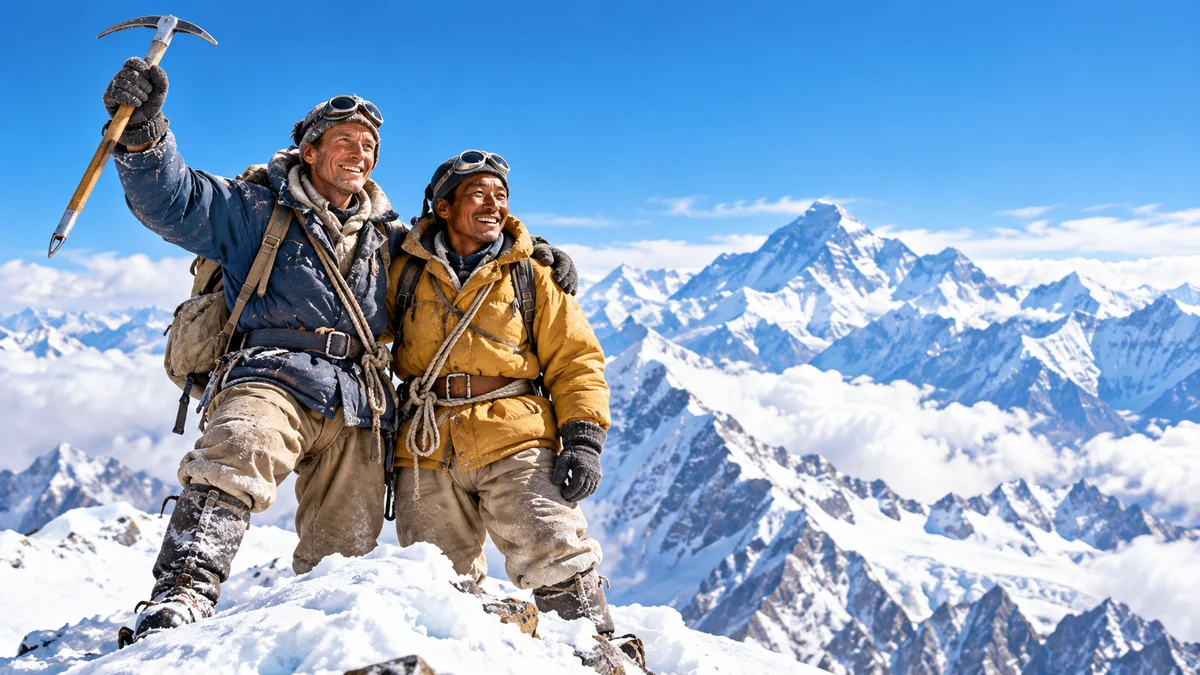 AI illustration of two climbers celebrating high in snowy mountains