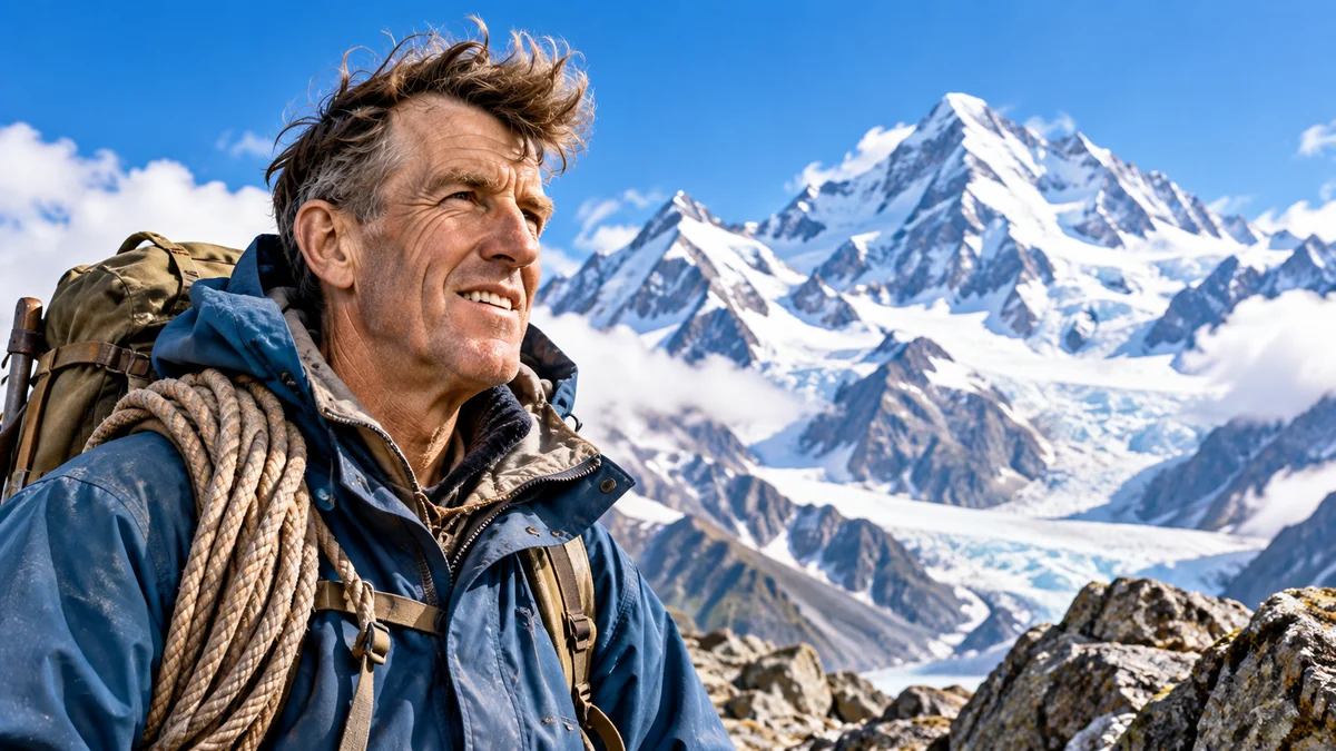 AI illustration of a mountaineer with snowy peaks behind him
