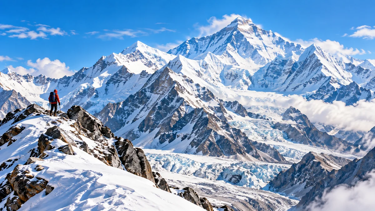 AI illustration of a climber looking across a vast Himalayan glacier