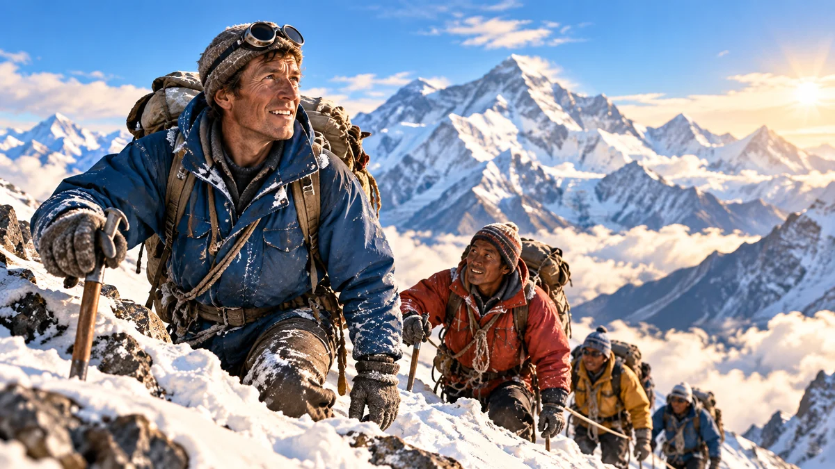 AI illustration of a roped climbing team ascending a snowy mountain