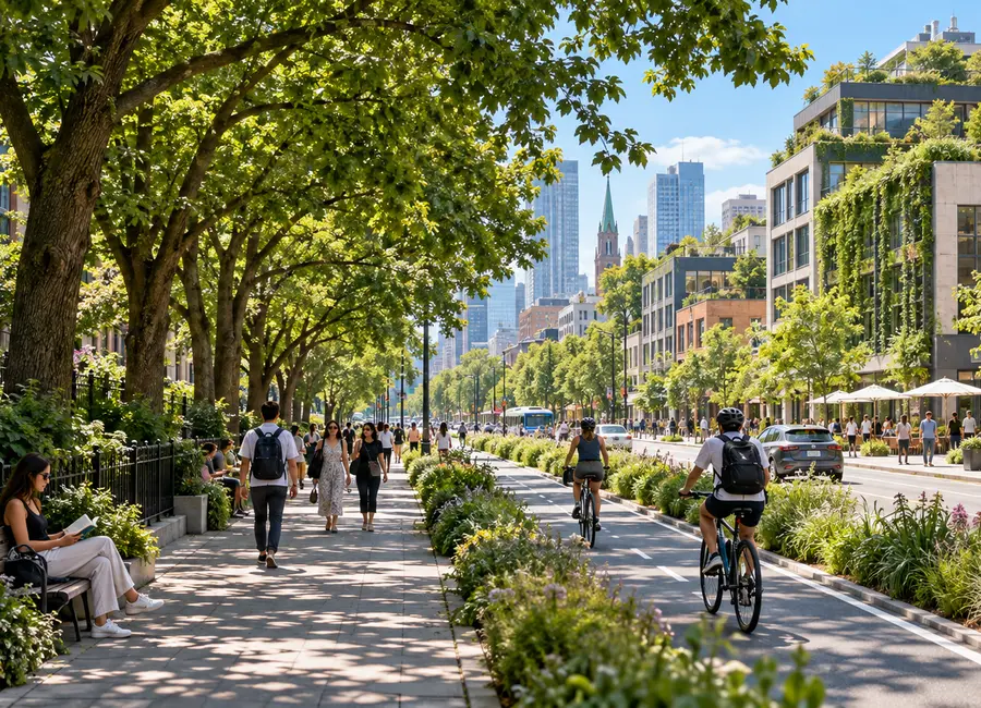 A tree-lined city street designed for shade and active travel