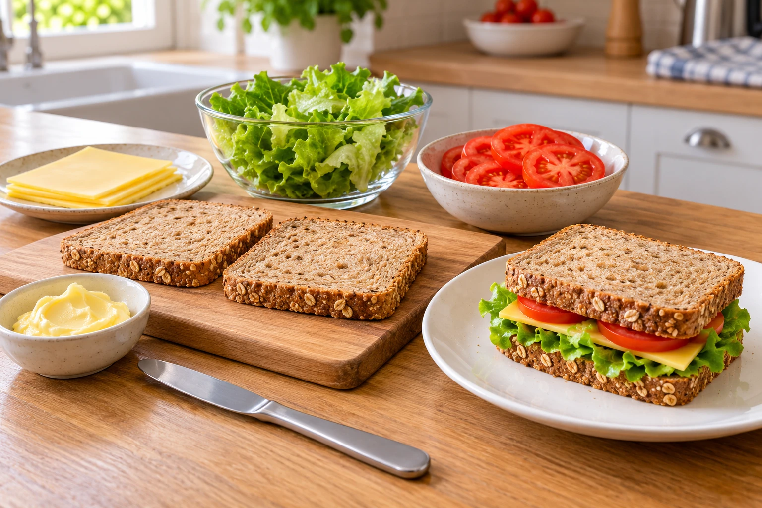 AI illustration of bread, cheese, lettuce and tomato prepared for making a sandwich