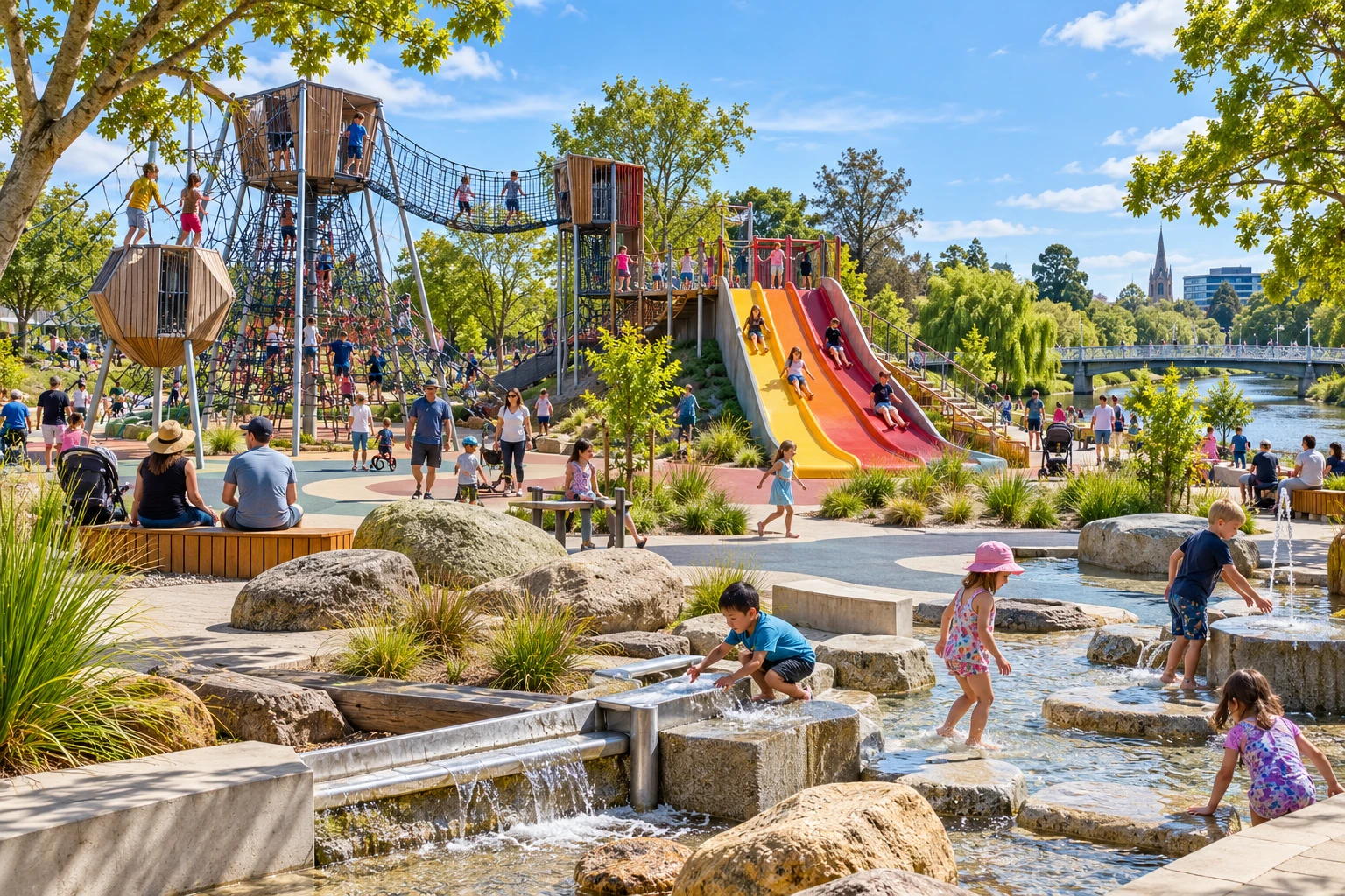 AI illustration of a riverside family playground; an imagined scene, not a photograph of Margaret Mahy Playground