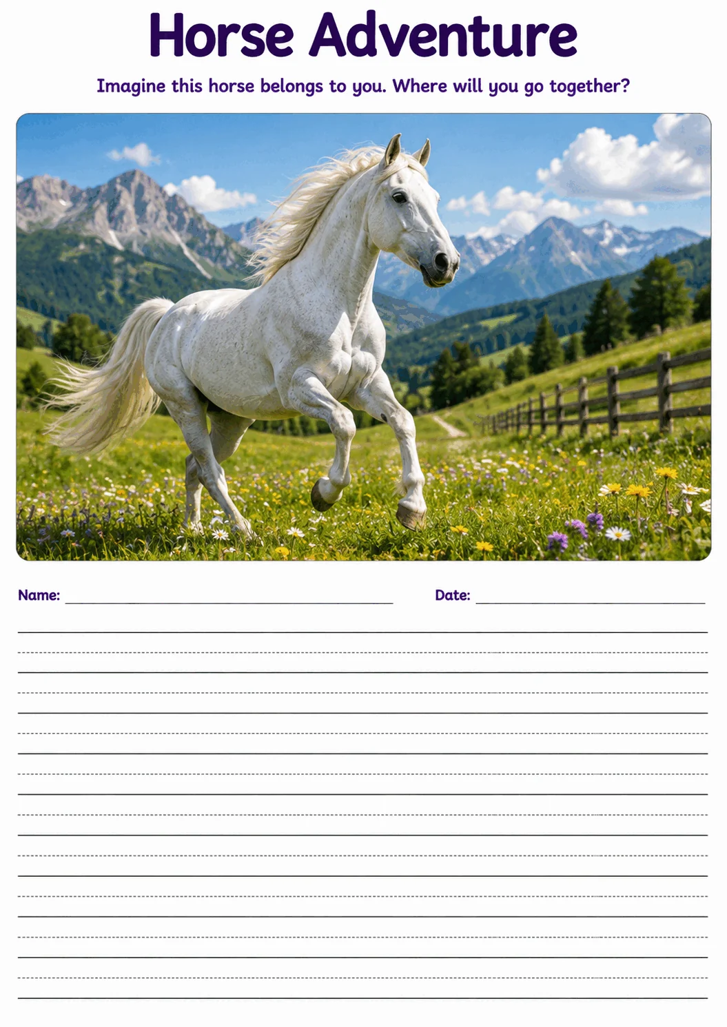 Horse Adventure printable lined writing paper