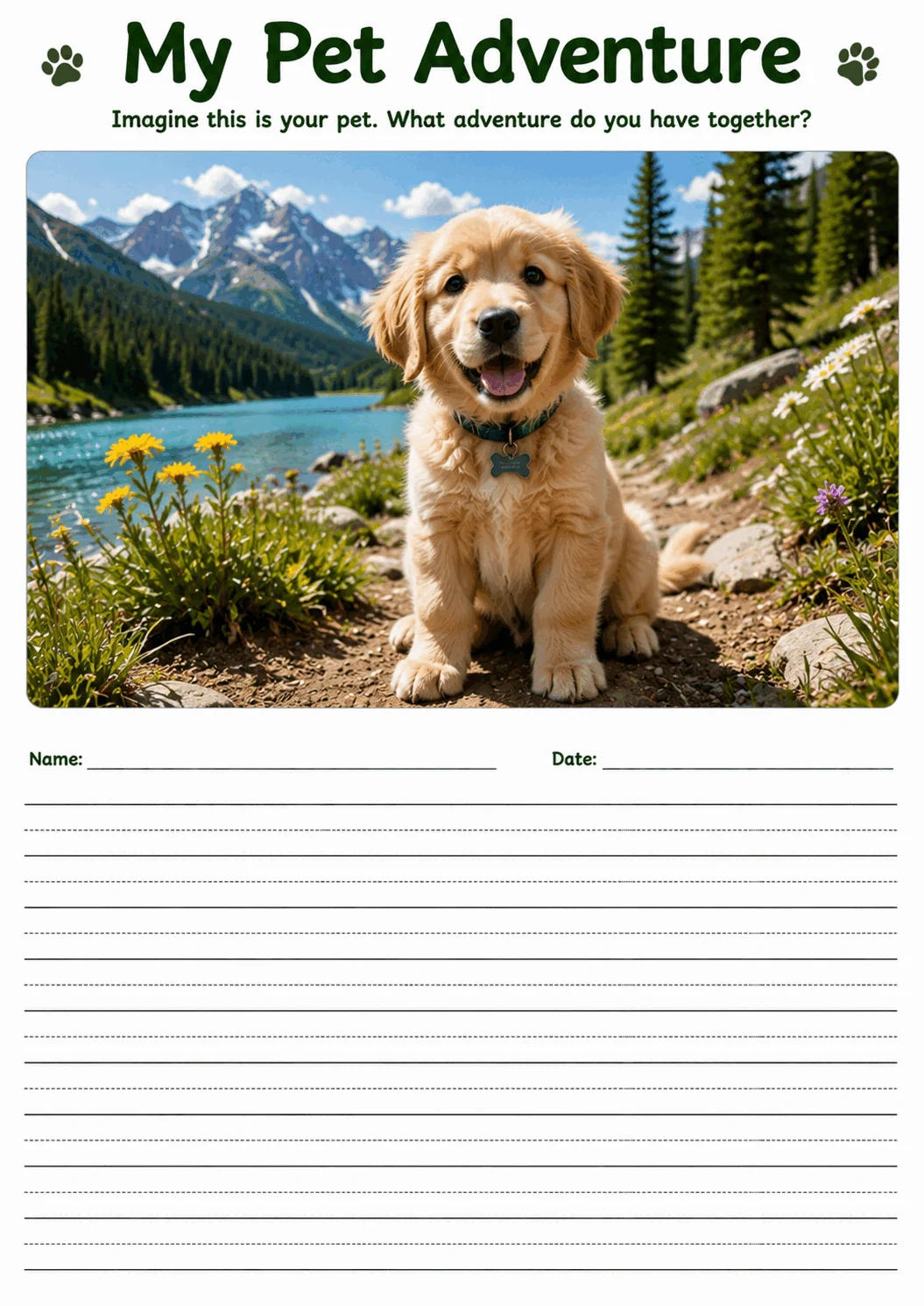 My Pet Adventure printable lined writing paper
