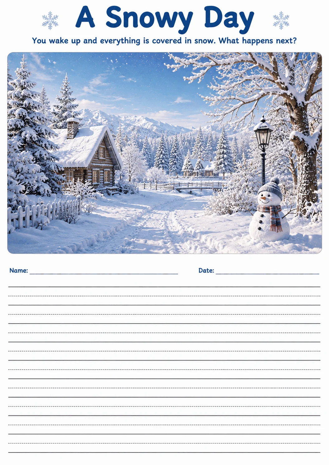 A Snowy Day printable lined writing paper
